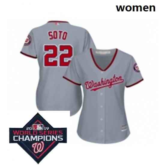 Womens Washington Nationals 22 Juan Soto Grey Road Cool Base Baseball Stitched 2019 World Series Champions Patch Jersey